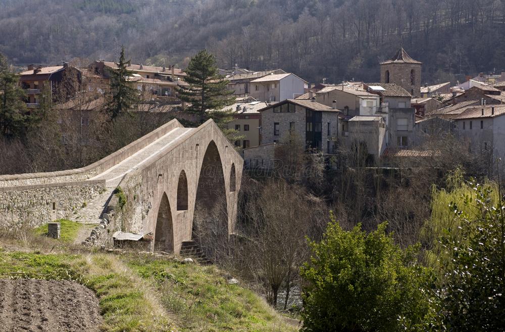 Les bases d’aquest pont daten del 1138, quan es va acabar la construcció del pont romànic que donava entrada a la vila. Malmès pel terratrèmol del 1428, va ser reedificat en estil gòtic, amb una arcada molt esvelta. Al final de la Guerra Civil va ser dinamitat i el 1976 es va reconstruir fidelment, amb la volta gòtica i les petites arcades del pont romànic.